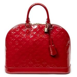 Louis Vuitton Red Patent Vernis Alma Top-Handle Satchel Height 11” Width 15”